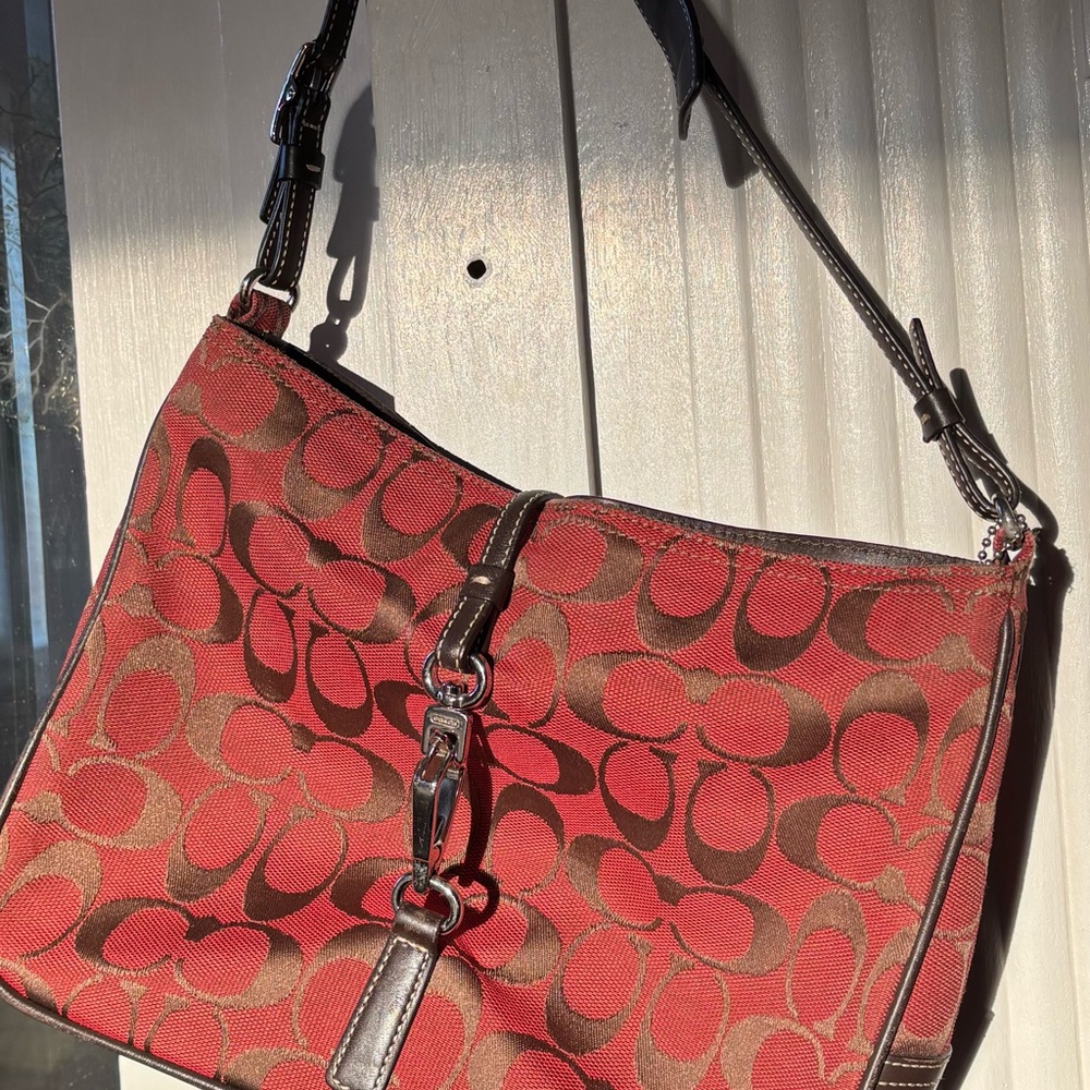 Coach Red and Brown Shoulder Bag well-loved